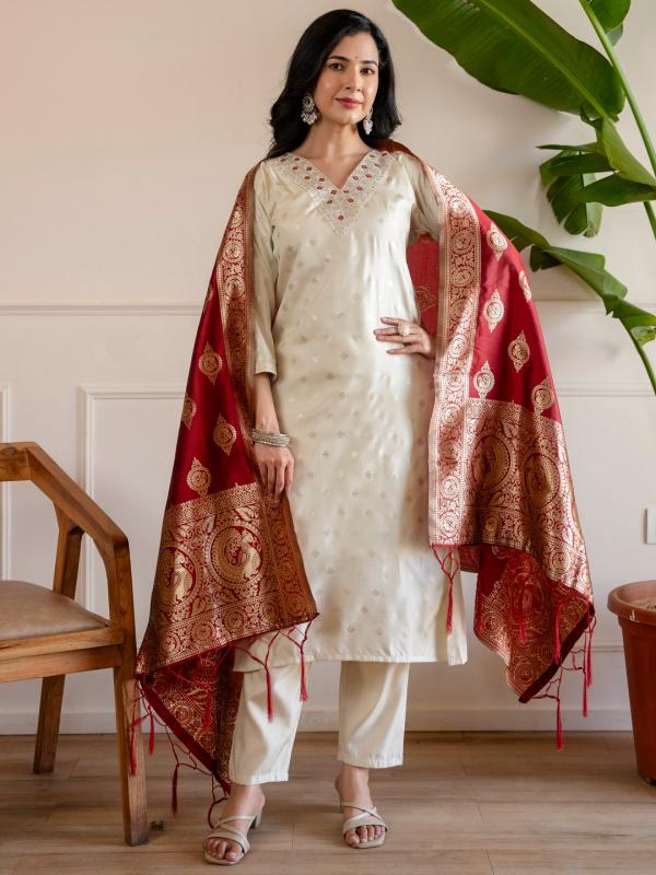 VP 9908 B Women’s Silk Emboidered Straight Kurta Pent Dupatta Sets | 3pcs Ethnic Set